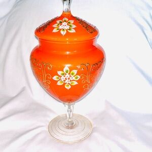 Vintage Italian Art Glass Empoli Jar Floral Gold Enameled Italy Orange Lidded